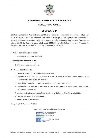 Assembleia de Freguesia | 19 dezembro 2025 | 21:00h | Sal&atilde;o Nobre da Junta de Freguesia de Almagreira