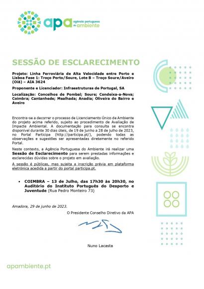 Sessão de esclarecimento | Projeto: Linha Ferroviária de Alta velocidade entre Porto e Lisboa