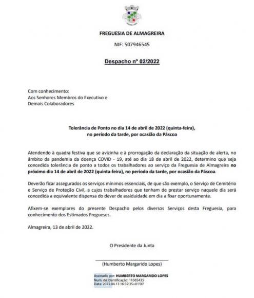 Despacho Nº 02/2022 - Tolerância De Ponto No Dia 14 De Abril De 2022